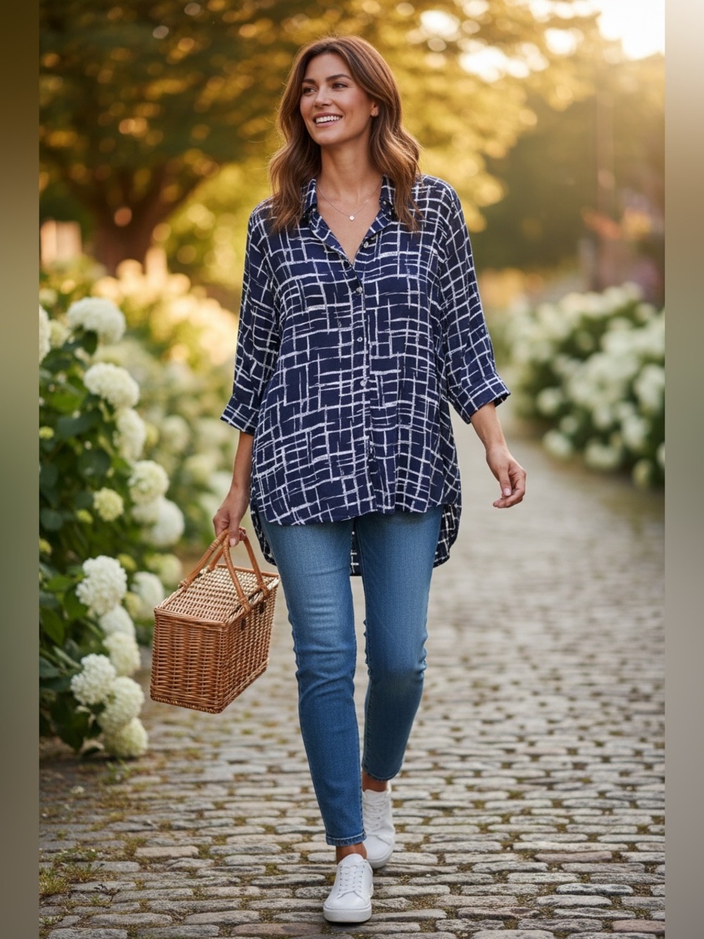 WOMAN WITHIN Tunic Top Women’s Size 18/20 L Blue & White Button Up 3/4 Sleeve